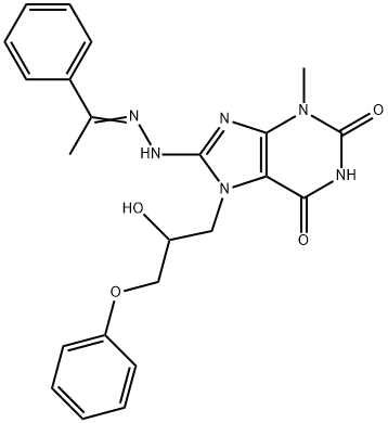 7-(2-hydroxy-3-phenoxypropyl)-3-methyl-8-[(2E)-2-(1-phenylethylidene)hydrazinyl]-3,7-dihydro-1H-purine-2,6-dione Struktur