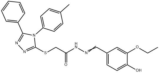 (E)-N'-(3-ethoxy-4-hydroxybenzylidene)-2-((5-phenyl-4-(p-tolyl)-4H-1,2,4-triazol-3-yl)thio)acetohydrazide Struktur