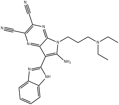 6-amino-7-(1H-benzimidazol-2-yl)-5-[3-(diethylamino)propyl]-5H-pyrrolo[2,3-b]pyrazine-2,3-dicarbonitrile Struktur