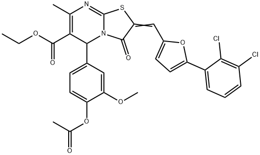 (E)-ethyl 5-(4-acetoxy-3-methoxyphenyl)-2-((5-(2,3-dichlorophenyl)furan-2-yl)methylene)-7-methyl-3-oxo-3,5-dihydro-2H-thiazolo[3,2-a]pyrimidine-6-carboxylate Struktur