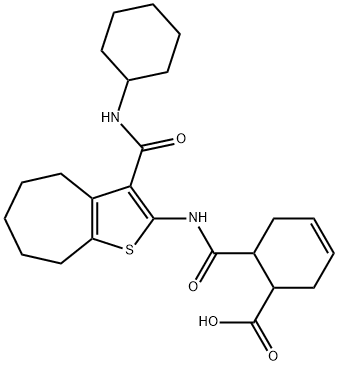 6-((3-(cyclohexylcarbamoyl)-5,6,7,8-tetrahydro-4H-cyclohepta[b]thiophen-2-yl)carbamoyl)cyclohex-3-enecarboxylic acid Struktur