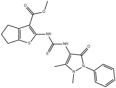 methyl 2-(3-(1,5-dimethyl-3-oxo-2-phenyl-2,3-dihydro-1H-pyrazol-4-yl)thioureido)-5,6-dihydro-4H-cyclopenta[b]thiophene-3-carboxylate Struktur