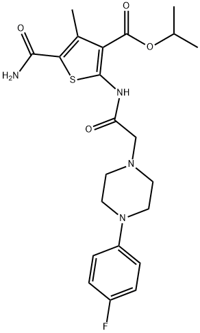 isopropyl 5-carbamoyl-2-(2-(4-(4-fluorophenyl)piperazin-1-yl)acetamido)-4-methylthiophene-3-carboxylate Struktur