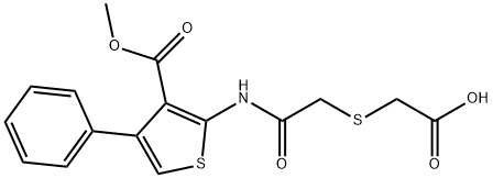 2-((2-((3-(methoxycarbonyl)-4-phenylthiophen-2-yl)amino)-2-oxoethyl)thio)acetic acid Struktur