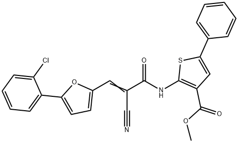 (E)-methyl 2-(3-(5-(2-chlorophenyl)furan-2-yl)-2-cyanoacrylamido)-5-phenylthiophene-3-carboxylate Struktur