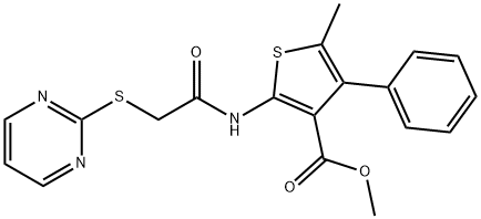 methyl 5-methyl-4-phenyl-2-(2-(pyrimidin-2-ylthio)acetamido)thiophene-3-carboxylate Struktur