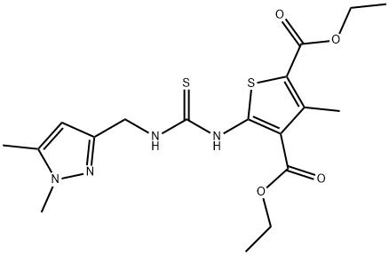 diethyl 5-(3-((1,5-dimethyl-1H-pyrazol-3-yl)methyl)thioureido)-3-methylthiophene-2,4-dicarboxylate Struktur