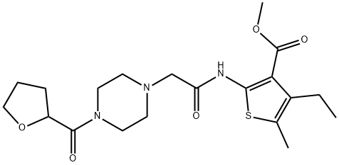 methyl 4-ethyl-5-methyl-2-(2-(4-(tetrahydrofuran-2-carbonyl)piperazin-1-yl)acetamido)thiophene-3-carboxylate Struktur