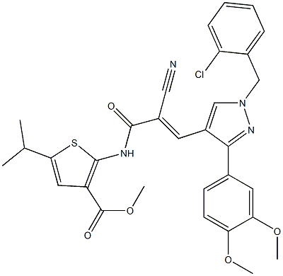 (E)-methyl 2-(3-(1-(2-chlorobenzyl)-3-(3,4-dimethoxyphenyl)-1H-pyrazol-4-yl)-2-cyanoacrylamido)-5-isopropylthiophene-3-carboxylate Struktur