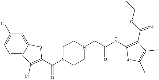 ethyl 2-(2-(4-(3,6-dichlorobenzo[b]thiophene-2-carbonyl)piperazin-1-yl)acetamido)-4,5-dimethylthiophene-3-carboxylate Struktur