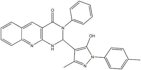 2-(5-hydroxy-3-methyl-1-(p-tolyl)-1H-pyrazol-4-yl)-3-phenyl-2,3-dihydropyrimido[4,5-b]quinolin-4(1H)-one Struktur