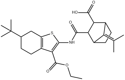 3-((6-(tert-butyl)-3-(ethoxycarbonyl)-4,5,6,7-tetrahydrobenzo[b]thiophen-2-yl)carbamoyl)-7-(propan-2-ylidene)bicyclo[2.2.1]heptane-2-carboxylic acid Struktur