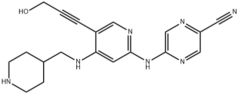 5-((5-(3-Hydroxyprop-1-yn-1-yl)-4-((piperidin-4-ylmethyl)amino)pyridin-2-yl)amino)pyrazine-2-carbonitrile Struktur