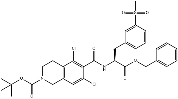 2(1H)-Isoquinolinecarboxylic acid, 5,7-dichloro-3,4-dihydro-6-[[[(1S)-1-[[3-(methylsulfonyl)phenyl]methyl]-2-oxo-2-(phenylmethoxy)ethyl]amino]carbonyl]-, 1,1-dimethylethyl ester Struktur