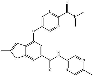 N,N-dimethyl-5-((2-methyl-6-((5-methylpyrazin-2-yl)carbamoyl)benzofuran-4-yl)oxy)pyrimidine-2-carboxamide Struktur