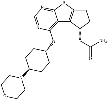 2-((R)-4-(((1r,4R)-4-morpholinocyclohexyl)oxy)-6,7-dihydro-5H-cyclopenta[4,5]thieno[2,3-d]pyrimidin-5-yl)acetamide Struktur