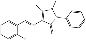 (E)-4-((2-fluorobenzylidene)amino)-1,5-dimethyl-2-phenyl-1H-pyrazol-3(2H)-one Struktur