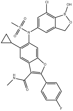 6-[N-(7-chloro-1-hydroxy-1,3-dihydrobenzo[c][1,2]oxaborol-5-yl)methanesulfonamido]-5-cyclopropyl-2-(4-fluorophenyl)-N-methyl-1-benzofuran-3-carboxamide Struktur