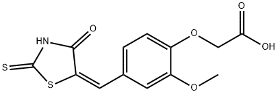 (E)-2-(2-methoxy-4-((4-oxo-2-thioxothiazolidin-5-ylidene)methyl)phenoxy)acetic acid Struktur