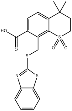 8-((Benzo[d]thiazol-2-ylthio)methyl)-4,4-dimethylthiochroman-7-carboxylic acid 1,1-dioxide Struktur