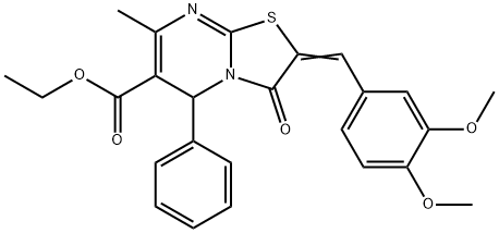 (E)-ethyl 2-(3,4-dimethoxybenzylidene)-7-methyl-3-oxo-5-phenyl-3,5-dihydro-2H-thiazolo[3,2-a]pyrimidine-6-carboxylate Struktur