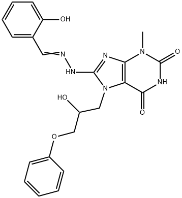 8-[(2E)-2-(2-hydroxybenzylidene)hydrazinyl]-7-(2-hydroxy-3-phenoxypropyl)-3-methyl-3,7-dihydro-1H-purine-2,6-dione Struktur