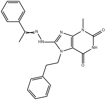 3-methyl-7-(2-phenylethyl)-8-[(2E)-2-(1-phenylethylidene)hydrazinyl]-3,7-dihydro-1H-purine-2,6-dione Struktur