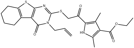 ethyl 5-(2-((3-allyl-4-oxo-3,4,5,6,7,8-hexahydrobenzo[4,5]thieno[2,3-d]pyrimidin-2-yl)thio)acetyl)-2,4-dimethyl-1H-pyrrole-3-carboxylate Struktur