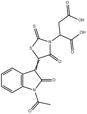 (Z)-2-(5-(1-acetyl-2-oxoindolin-3-ylidene)-4-oxo-2-thioxothiazolidin-3-yl)succinic acid Struktur