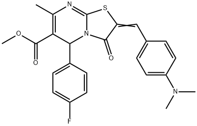 (E)-methyl 2-(4-(dimethylamino)benzylidene)-5-(4-fluorophenyl)-7-methyl-3-oxo-3,5-dihydro-2H-thiazolo[3,2-a]pyrimidine-6-carboxylate Struktur