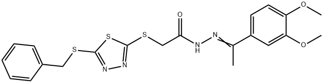 2-{[5-(benzylsulfanyl)-1,3,4-thiadiazol-2-yl]sulfanyl}-N'-[(1Z)-1-(3,4-dimethoxyphenyl)ethylidene]acetohydrazide Struktur