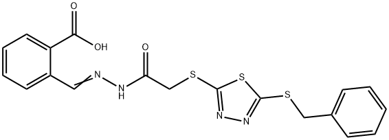 (E)-2-((2-(2-((5-(benzylthio)-1,3,4-thiadiazol-2-yl)thio)acetyl)hydrazono)methyl)benzoic acid Struktur