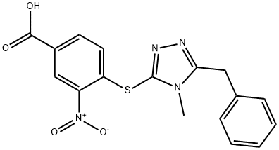 4-((5-benzyl-4-methyl-4H-1,2,4-triazol-3-yl)thio)-3-nitrobenzoic acid Struktur