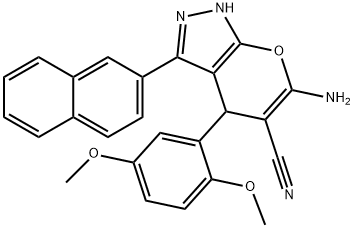 6-amino-4-(2,5-dimethoxyphenyl)-1,4-dihydro-3-(2-naphthalenyl)-pyrano[2,3-c]pyrazole-5-carbonitrile Struktur