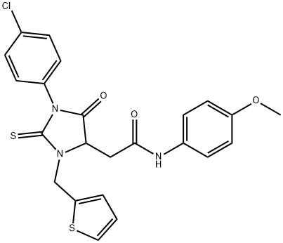 2-[1-(4-chlorophenyl)-5-oxo-3-(thiophen-2-ylmethyl)-2-thioxoimidazolidin-4-yl]-N-(4-methoxyphenyl)acetamide Struktur