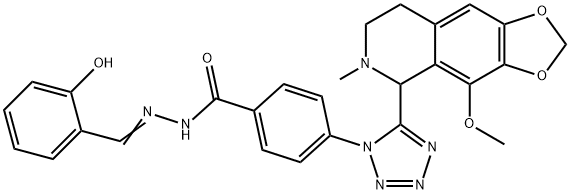 (E)-N'-(2-hydroxybenzylidene)-4-(5-(4-methoxy-6-methyl-5,6,7,8-tetrahydro-[1,3]dioxolo[4,5-g]isoquinolin-5-yl)-1H-tetrazol-1-yl)benzohydrazide Struktur