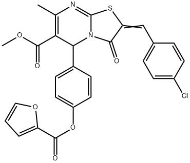 (Z)-methyl 2-(4-chlorobenzylidene)-5-(4-((furan-2-carbonyl)oxy)phenyl)-7-methyl-3-oxo-3,5-dihydro-2H-thiazolo[3,2-a]pyrimidine-6-carboxylate Struktur