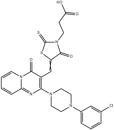 (Z)-3-(5-((2-(4-(3-chlorophenyl)piperazin-1-yl)-4-oxo-4H-pyrido[1,2-a]pyrimidin-3-yl)methylene)-4-oxo-2-thioxothiazolidin-3-yl)propanoic acid Struktur