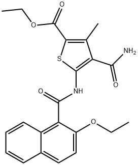 ethyl 4-(aminocarbonyl)-5-[(2-ethoxy-1-naphthoyl)amino]-3-methyl-2-thiophenecarboxylate Struktur