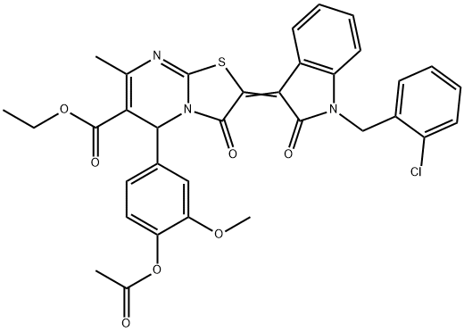 (Z)-ethyl 5-(4-acetoxy-3-methoxyphenyl)-2-(1-(2-chlorobenzyl)-2-oxoindolin-3-ylidene)-7-methyl-3-oxo-3,5-dihydro-2H-thiazolo[3,2-a]pyrimidine-6-carboxylate Struktur