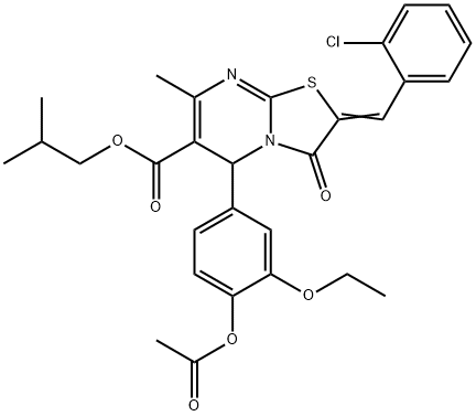 (Z)-isobutyl 5-(4-acetoxy-3-ethoxyphenyl)-2-(2-chlorobenzylidene)-7-methyl-3-oxo-3,5-dihydro-2H-thiazolo[3,2-a]pyrimidine-6-carboxylate Struktur