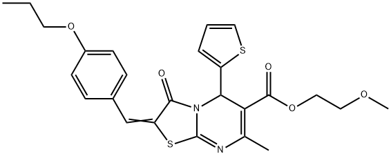 (E)-2-methoxyethyl 7-methyl-3-oxo-2-(4-propoxybenzylidene)-5-(thiophen-2-yl)-3,5-dihydro-2H-thiazolo[3,2-a]pyrimidine-6-carboxylate Struktur