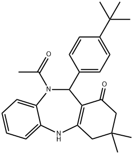 10-acetyl-11-(4-tert-butylphenyl)-3,3-dimethyl-2,3,4,5,10,11-hexahydro-1H-dibenzo[b,e][1,4]diazepin-1-one Struktur