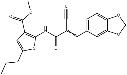 (E)-methyl 2-(3-(benzo[d][1,3]dioxol-5-yl)-2-cyanoacrylamido)-5-propylthiophene-3-carboxylate Struktur