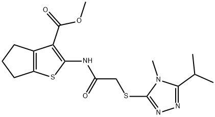 methyl 2-(2-((5-isopropyl-4-methyl-4H-1,2,4-triazol-3-yl)thio)acetamido)-5,6-dihydro-4H-cyclopenta[b]thiophene-3-carboxylate Struktur