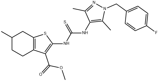 methyl 2-(3-(1-(4-fluorobenzyl)-3,5-dimethyl-1H-pyrazol-4-yl)thioureido)-6-methyl-4,5,6,7-tetrahydrobenzo[b]thiophene-3-carboxylate Struktur