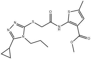 methyl 2-(2-((5-cyclopropyl-4-propyl-4H-1,2,4-triazol-3-yl)thio)acetamido)-5-methylthiophene-3-carboxylate Struktur