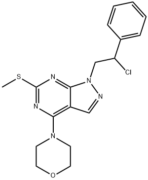 4-(1-(2-Chloro-2-phenylethyl)-6-(methylthio)-1H-pyrazolo[3,4-d]pyrimidin-4-yl)morpholine Struktur