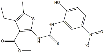 methyl 4-ethyl-2-(3-(2-hydroxy-5-nitrophenyl)thioureido)-5-methylthiophene-3-carboxylate Struktur