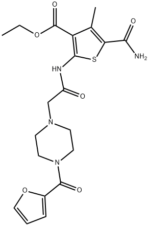 ethyl 5-carbamoyl-2-(2-(4-(furan-2-carbonyl)piperazin-1-yl)acetamido)-4-methylthiophene-3-carboxylate Struktur